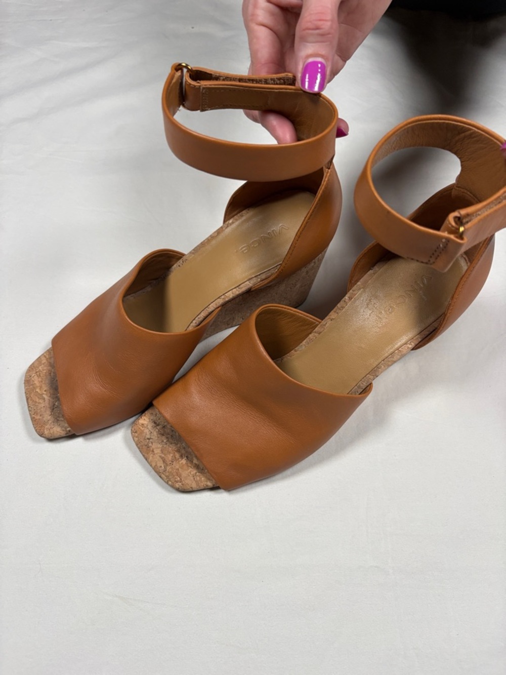 Vince Cognac Leather Cork Wedge Sandals with Ankle Strap
